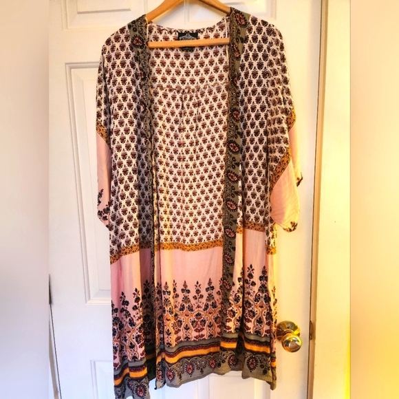 Angie open front kimono pink paisley boho  size large beach vacation - Picture 1 of 8